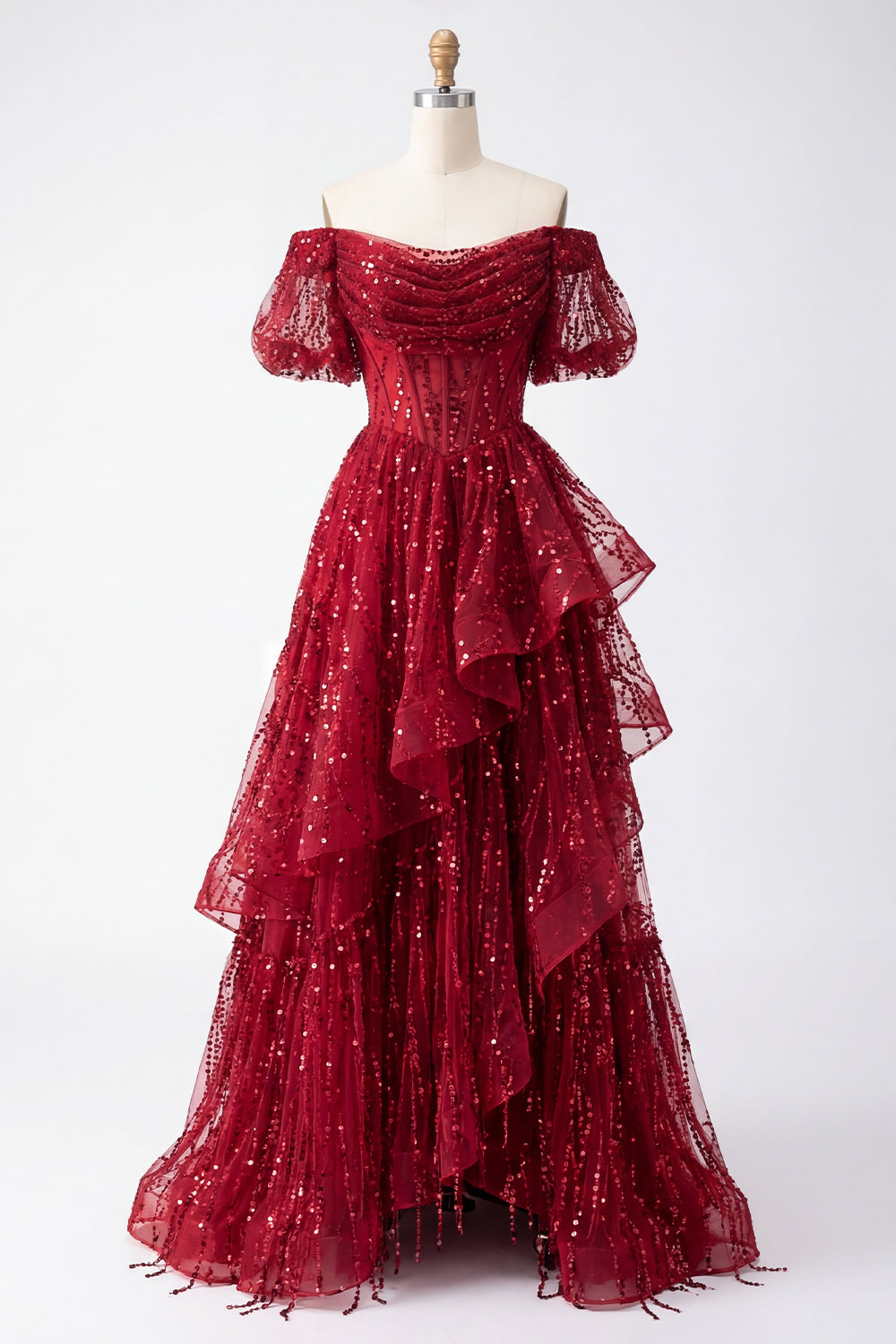 Puff Sleeves Corset A Line Sparkly Burgundy Long Beaded Prom Dress with Ruffles