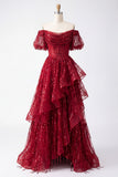 Puff Sleeves Corset A Line Sparkly Burgundy Long Beaded Prom Dress with Ruffles