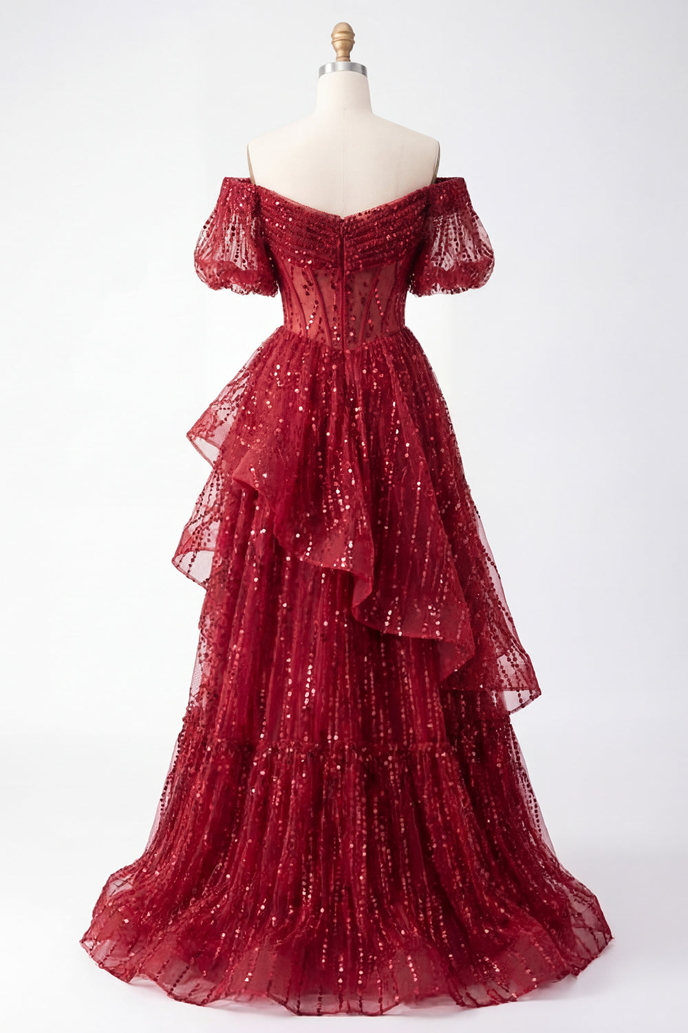 Puff Sleeves Corset A Line Sparkly Burgundy Long Beaded Prom Dress with Ruffles
