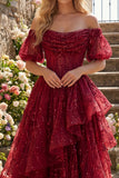 Puff Sleeves Corset A Line Sparkly Burgundy Long Beaded Prom Dress with Ruffles