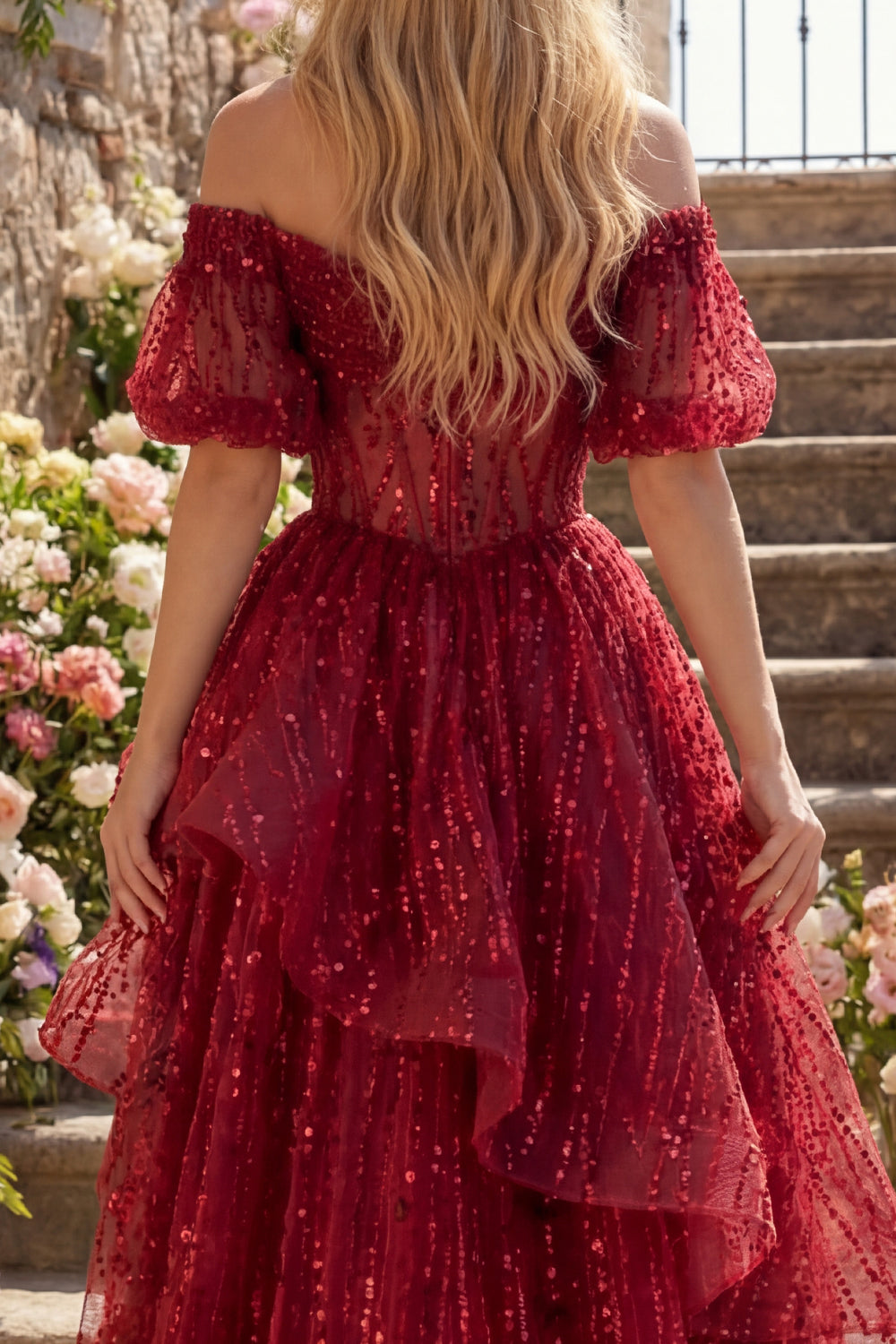 Puff Sleeves Corset A Line Sparkly Burgundy Long Beaded Prom Dress with Ruffles