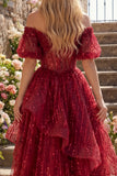 Puff Sleeves Corset A Line Sparkly Burgundy Long Beaded Prom Dress with Ruffles