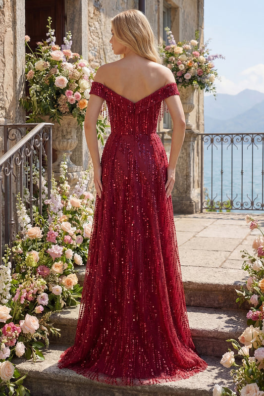 Off the Shoulder A Line Sparkly Burgundy Long Beaded Prom Dress with Fringes