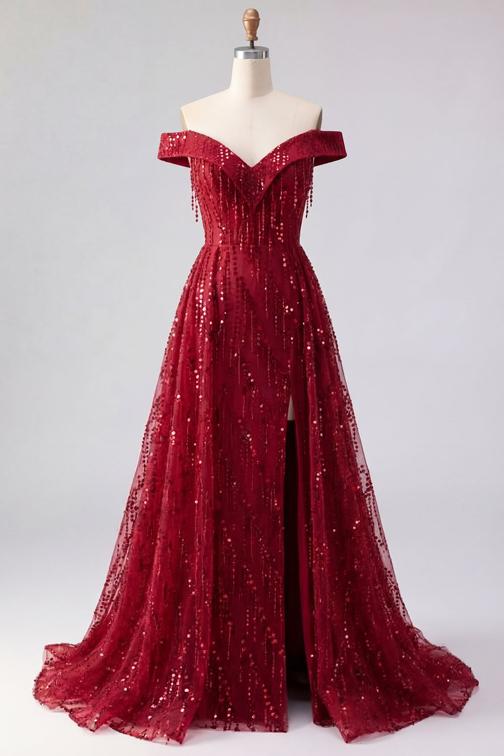 Off the Shoulder A Line Sparkly Burgundy Long Beaded Prom Dress with Fringes