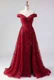 Off the Shoulder A Line Sparkly Burgundy Long Beaded Prom Dress with Fringes