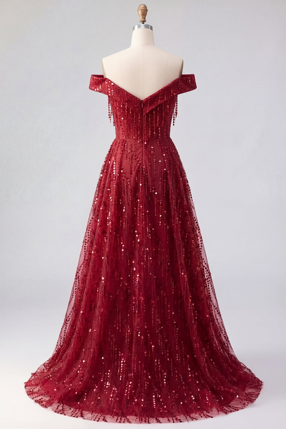 Off the Shoulder A Line Sparkly Burgundy Long Beaded Prom Dress with Fringes