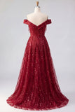 Off the Shoulder A Line Sparkly Burgundy Long Beaded Prom Dress with Fringes