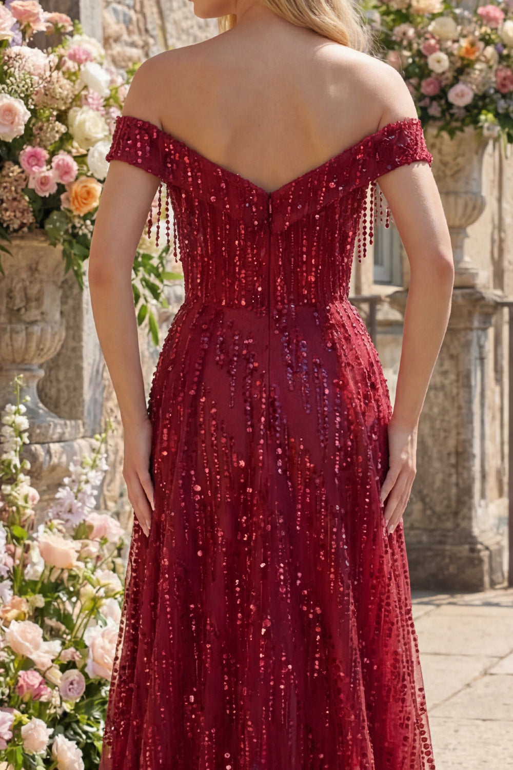 Off the Shoulder A Line Sparkly Burgundy Long Beaded Prom Dress with Fringes