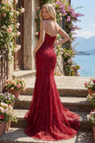 Mermaid Sparkly Burgundy Long Beaded Prom Dress with Slit