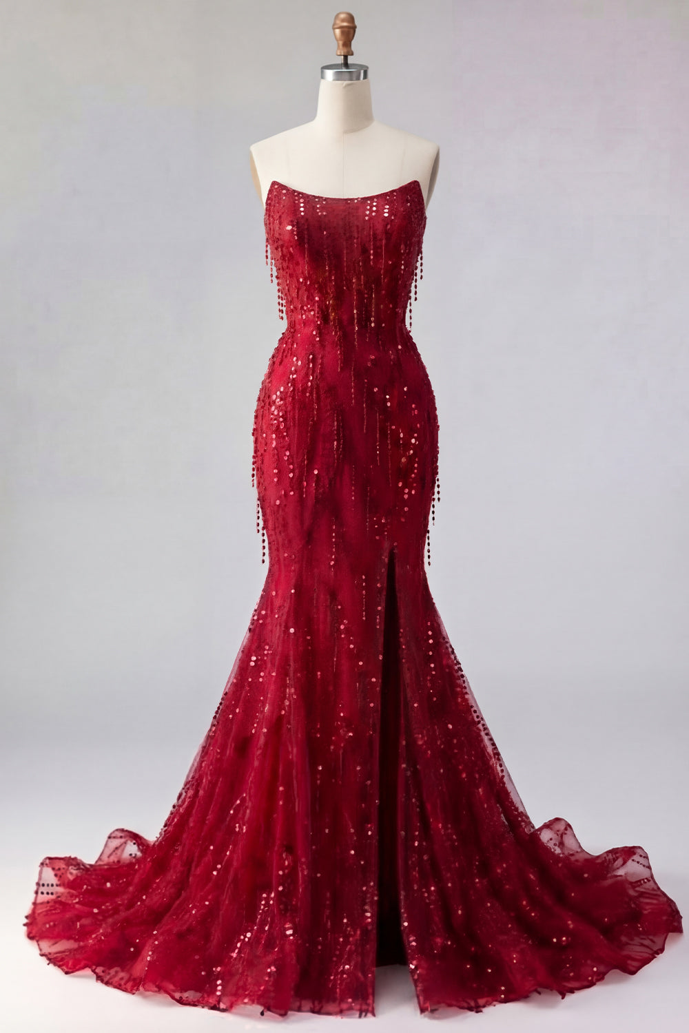 Mermaid Sparkly Burgundy Long Beaded Prom Dress with Slit