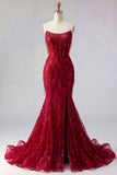 Mermaid Sparkly Burgundy Long Beaded Prom Dress with Slit