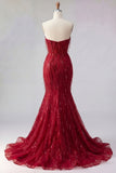 Mermaid Sparkly Burgundy Long Beaded Prom Dress with Slit