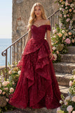 A Line Sparkly Burgundy Off the Shoulder Long Sequin Prom Dress with Ruffles