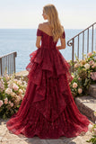 A Line Sparkly Burgundy Off the Shoulder Long Sequin Prom Dress with Ruffles