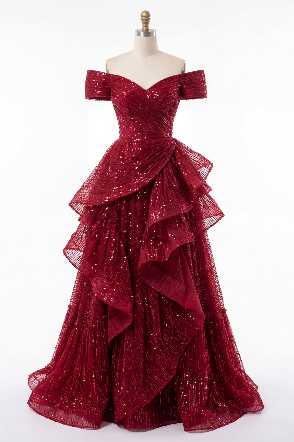 A Line Sparkly Burgundy Off the Shoulder Long Sequin Prom Dress with Ruffles