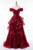 A Line Sparkly Burgundy Off the Shoulder Long Sequin Prom Dress with Ruffles