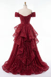A Line Sparkly Burgundy Off the Shoulder Long Sequin Prom Dress with Ruffles