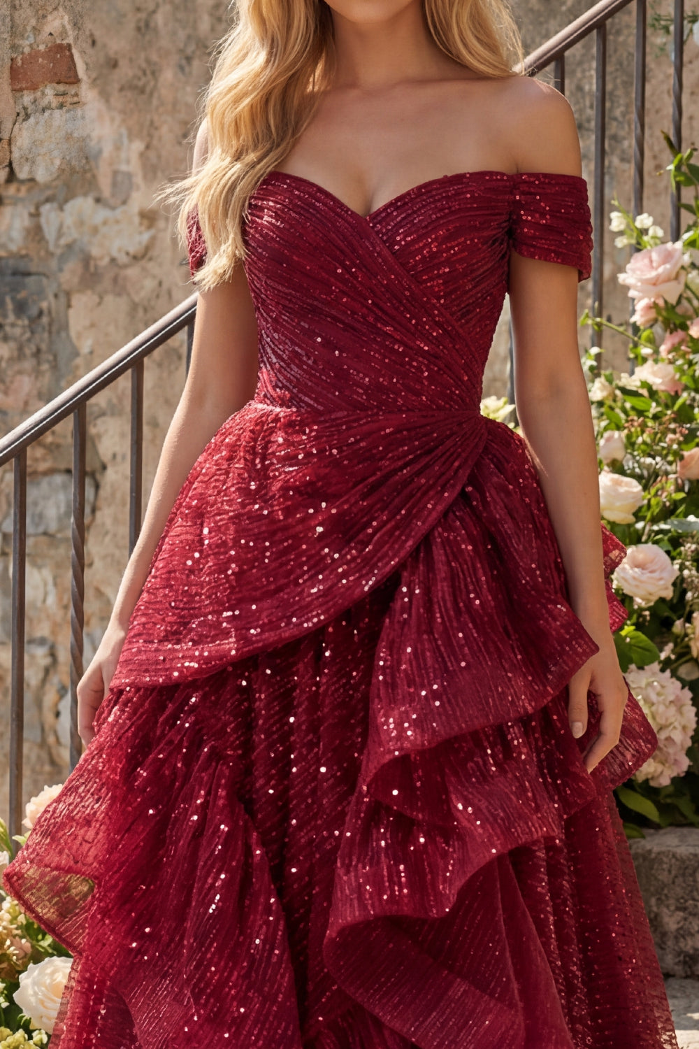 A Line Sparkly Burgundy Off the Shoulder Long Sequin Prom Dress with Ruffles