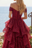 A Line Sparkly Burgundy Off the Shoulder Long Sequin Prom Dress with Ruffles