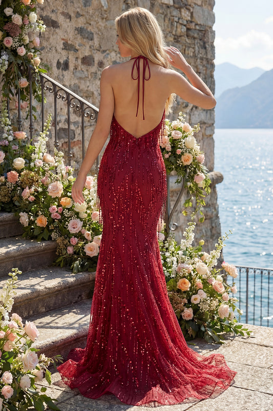 Zapakasa Women Sparkly Burgundy Long Beaded Prom Dress with Fringes Mermaid  Halter Backless Pageant Dress