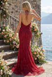 Halter Backless Mermaid Sparkly Burgundy Long Beaded Prom Dress with Fringes