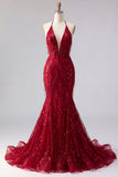 Halter Backless Mermaid Sparkly Burgundy Long Beaded Prom Dress with Fringes