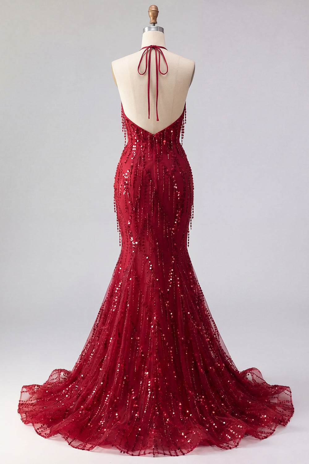 Halter Backless Mermaid Sparkly Burgundy Long Beaded Prom Dress with Fringes