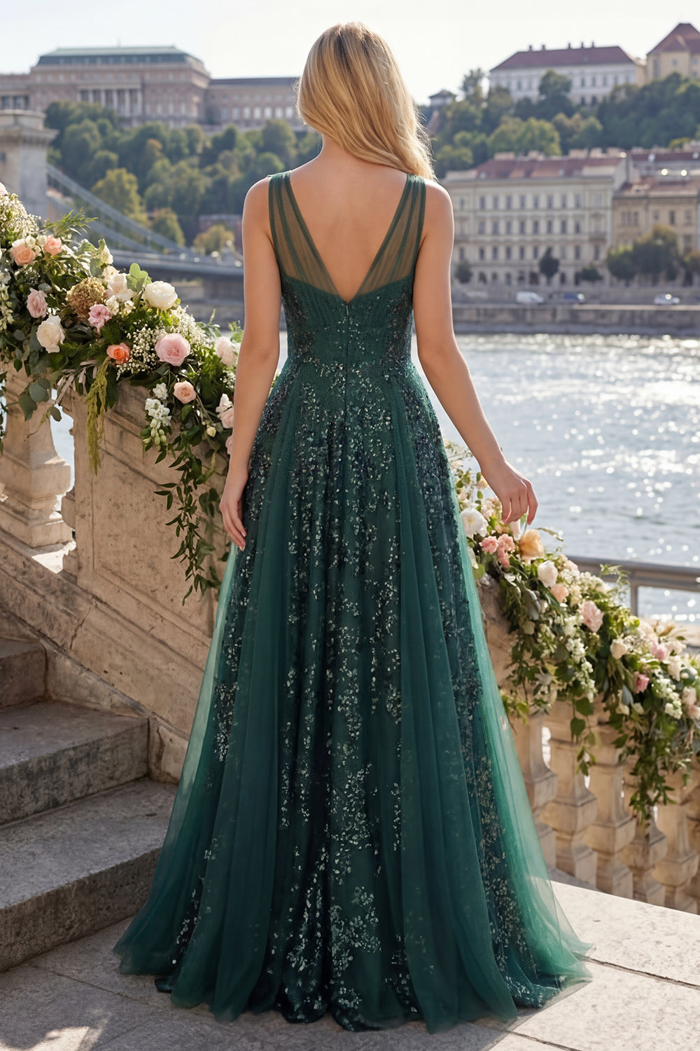 Zapakasa Women Sparkly Dark Green Long Sequin Prom Dress A Line V-Neck  Ruched Backless Pageant Dress