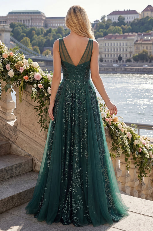V-Neck Ruched A Line Sparkly Dark Green Long Sequin Prom Dress