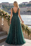 V-Neck Ruched A Line Sparkly Dark Green Long Sequin Prom Dress