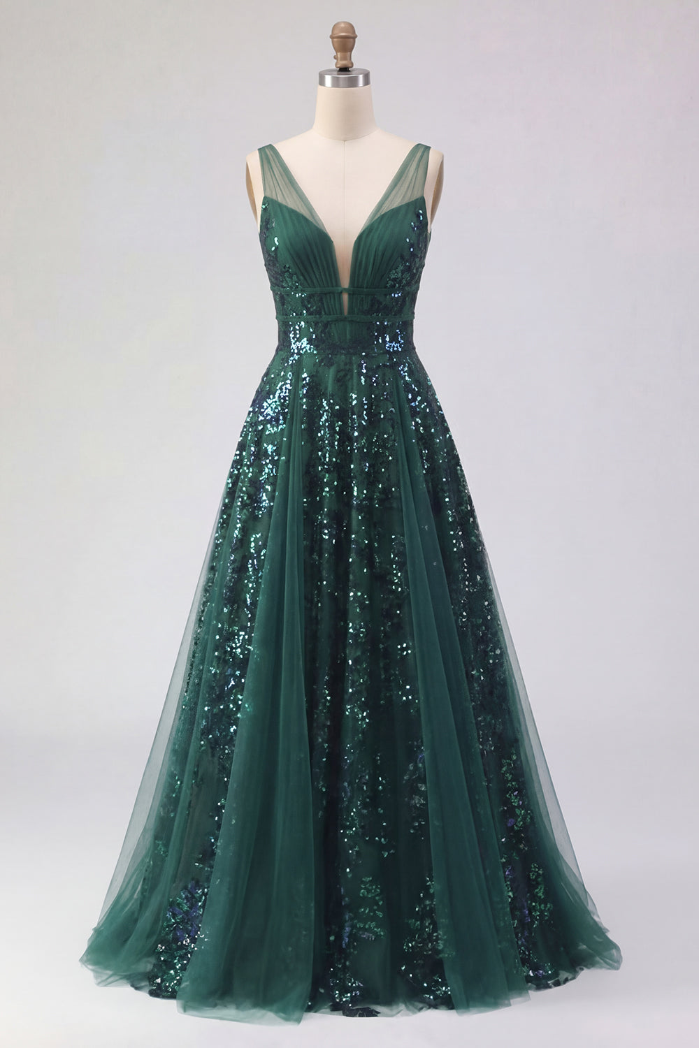 V-Neck Ruched A Line Sparkly Dark Green Long Sequin Prom Dress