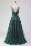 V-Neck Ruched A Line Sparkly Dark Green Long Sequin Prom Dress