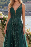 V-Neck Ruched A Line Sparkly Dark Green Long Sequin Prom Dress