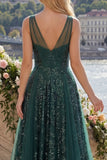 V-Neck Ruched A Line Sparkly Dark Green Long Sequin Prom Dress