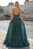 Corset A Line Sparkly Dark Green High Low Sequin Prom Dress with Ruffles