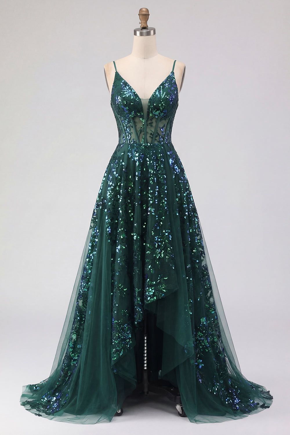 Corset A Line Sparkly Dark Green High Low Sequin Prom Dress with Ruffles