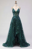Corset A Line Sparkly Dark Green High Low Sequin Prom Dress with Ruffles