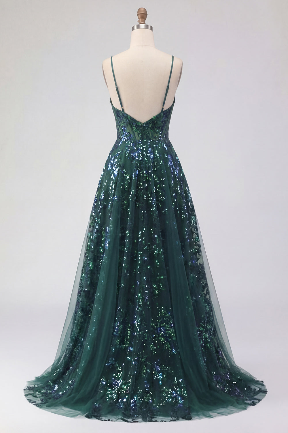Corset A Line Sparkly Dark Green High Low Sequin Prom Dress with Ruffles
