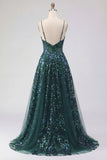 Corset A Line Sparkly Dark Green High Low Sequin Prom Dress with Ruffles