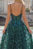 Corset A Line Sparkly Dark Green High Low Sequin Prom Dress with Ruffles