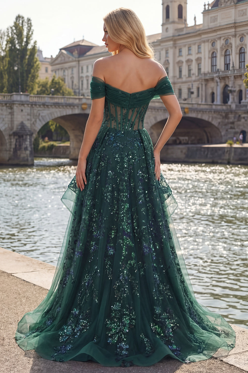 Sparkly Dark Green Corset A Line Long Sequin Prom Dress with Ruffles