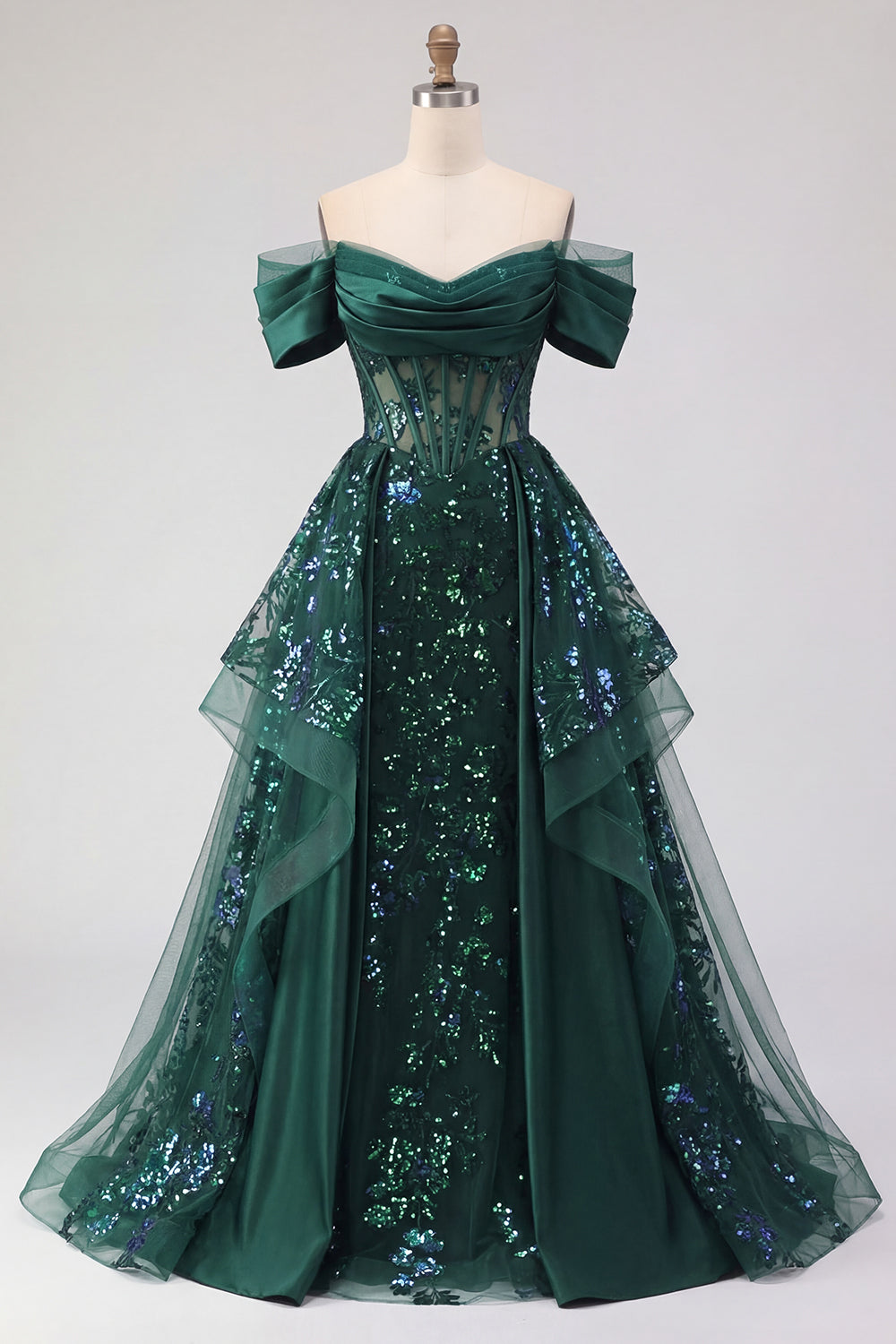 Sparkly Dark Green Corset A Line Long Sequin Prom Dress with Ruffles