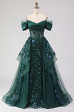 Sparkly Dark Green Corset A Line Long Sequin Prom Dress with Ruffles