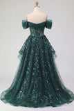 Sparkly Dark Green Corset A Line Long Sequin Prom Dress with Ruffles
