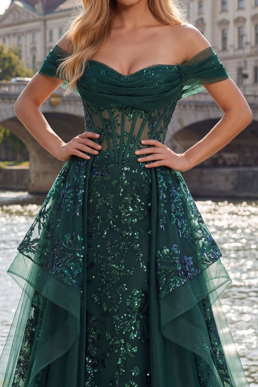 Sparkly Dark Green Corset A Line Long Sequin Prom Dress with Ruffles