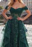 Sparkly Dark Green Corset A Line Long Sequin Prom Dress with Ruffles