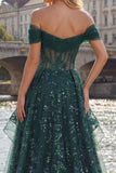 Sparkly Dark Green Corset A Line Long Sequin Prom Dress with Ruffles