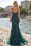 Mermaid Spaghetti Straps Sparkly Dark Green Long Beaded Prom Dress