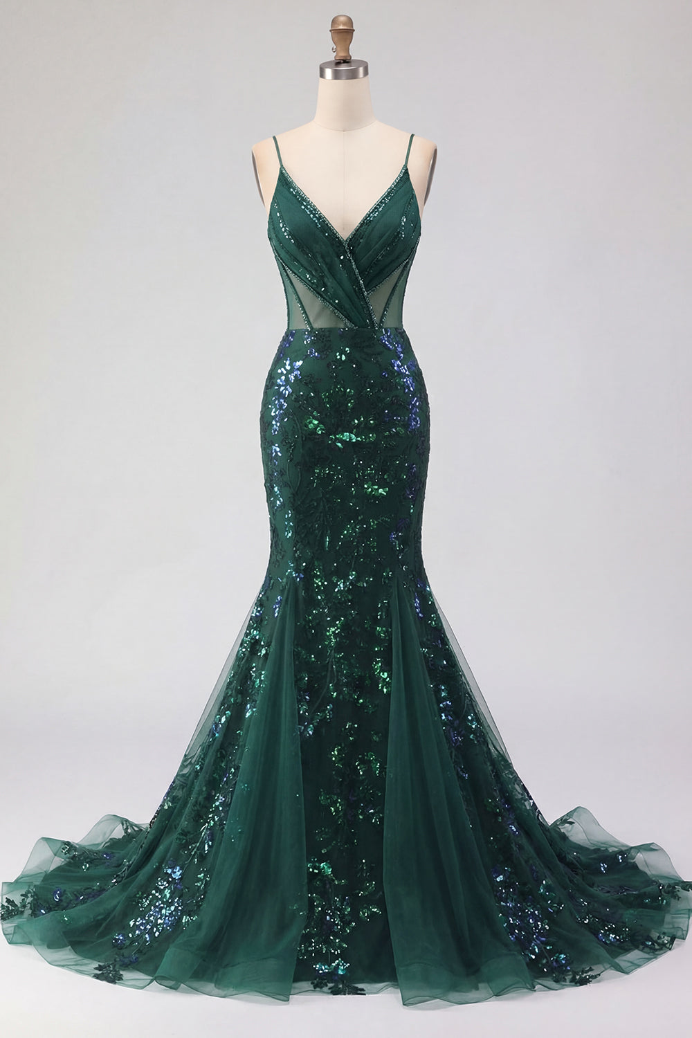 Mermaid Spaghetti Straps Sparkly Dark Green Long Beaded Prom Dress