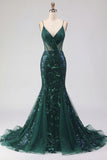 Mermaid Spaghetti Straps Sparkly Dark Green Long Beaded Prom Dress